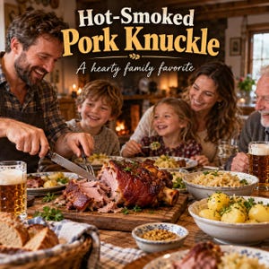 Puede incluir: Un gran codillo de cerdo ahumado en caliente sobre una tabla de cortar de madera, siendo cortado con un cuchillo. La imagen presenta el texto "Hot-Smoked Pork Knuckle" y "A hearty family favorite" sobre una familia cenando con patatas y cerveza.