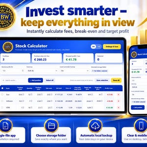 May include: A digital stock calculator interface displayed on a laptop screen and a smartphone. The blue and white dashboard shows financial data, including purchase values, profit, and loss. Text includes Invest smarter, keep everything in view.