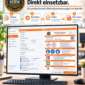 Op de afbeelding: Een computermonitor toont de interface van de Betriebsanweisung Pro-software voor het maken van veiligheidsinstructies. Het scherm toont een formulier voor het invoeren van stofgegevens en een voorbeeld van een veiligheidsdocument in het Duits.