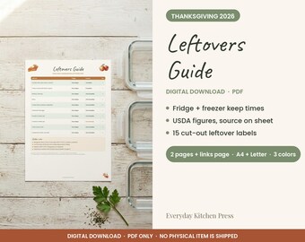 Thanksgiving Leftovers Guide 2026 Printable, Fridge and Freezer Storage Chart, Leftover Labels, Food Storage Cheat Sheet, A4 & US Letter