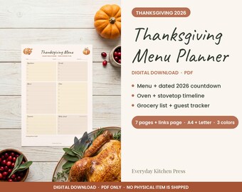 Thanksgiving Menu Planner 2026 Printable, Thanksgiving Timeline, Friendsgiving Planner, Oven Cooking Schedule, Grocery List, A4 Letter PDF