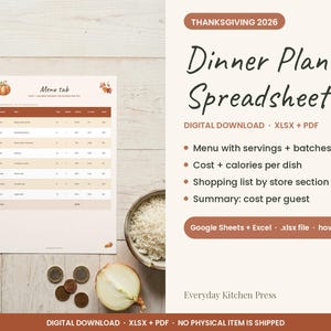 May include: A Thanksgiving 2026 dinner planner spreadsheet digital download in XLSX and PDF formats. The document features a menu tab with columns for servings, batches, cost, and calories, plus a shopping list and cost summary.