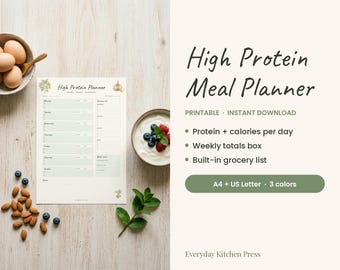 High Protein Meal Planner Printable, Weekly Protein and Calorie Tracker, Meal Prep Grocery List, A4 & US Letter