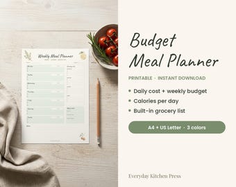 Budget Meal Planner Printable, Daily Cost and Calorie Tracker, Grocery List, A4 & US Letter, Sage Terracotta
