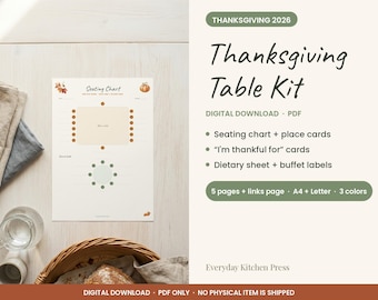 Thanksgiving 2026 Table Kit Printable, Seating Chart, Place Cards, Thankful Cards, Buffet Food Labels, Allergen Tent Cards, Friendsgiving