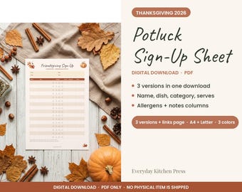Potluck Sign Up Sheet Printable, Friendsgiving Sign Up, Office Potluck Sign-Up, Thanksgiving 2026 Dish Sign Up List, 3 Versions, A4 Letter