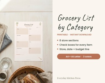 Grocery List Printable by Category, Shopping List PDF, Store Section Grocery Checklist, A4 & US Letter, Kitchen Printable