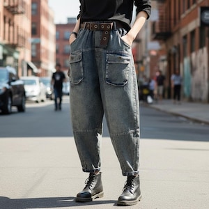 Op de afbeelding: High-waisted blauwe denim cargobroek met een relaxte, toelopende pasvorm, twee grote voorzakken met klep en een bruine riem met oogjes. De jeans heeft een verwassen look, zichtbare stiksels en wordt gedragen met zwarte veterlaarzen van leer.