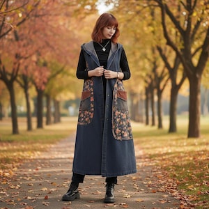 May include: A long, sleeveless denim vest featuring a hood, a button-down front, and two large patch pockets with a floral pattern in shades of orange, yellow, and blue. The vest is worn over a black long-sleeved shirt and black pants.