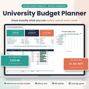 May include: A digital University Budget Planner template for Google Sheets displayed on a laptop screen. The interface features sections for current balance, weekly spending limits, savings goals, and a bar chart comparing budget versus spent.
