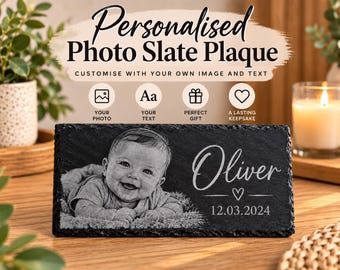 Personalised Photo Slate Plaque – Custom Family Portrait Engraving, Couple Gift, Wedding Keepsake, Birthday & New born, memorial plaque