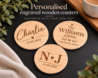 Personalised Wooden Coasters, Custom Engraved Name & Date, Wedding Favours, Housewarming Gift, Anniversary Present, Unique Gifts for Couples