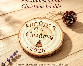 Personalised Christmas Bauble, Wooden Christmas Ornament, Custom Name Decoration, Pine Wood Tree Bauble, Personalised Christmas Gift