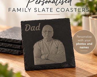 Personalised Photo Slate Coaster – Custom Family Portrait Engraving, Couple Gift, Wedding Keepsake, Birthday & Christmas Gift, new born