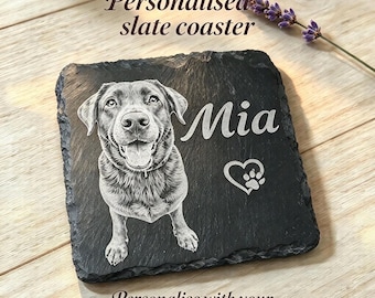 Personalised Pet Portrait Slate Coaster – Custom Dog & Cat Photo Engraving, Pet Lover Gift, Dog Mum Gift, Memorial Keepsake, Dog Dad gift