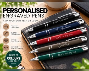 Personalised Coloured Engraved Metal Pen | Custom Name, Text or Message | Black Pen Gift | Teacher Gift | Office Gift | Birthday Gift
