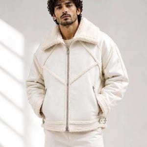 Men's White Faux Leather Jacket | Crocodile Embossed, Faux Fur Lined Bomber