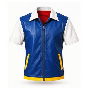 Könnte beinhalten: Eine kurzärmelige Jacke mit blauem Rumpf, weißen Ärmeln und einem weißen Kragen. Die Vorderseite verfügt über einen durchgehenden Reißverschluss, zwei gelbe vertikale Taschen und einen gelben Saum. Das Innenfutter ist einfarbig rot.