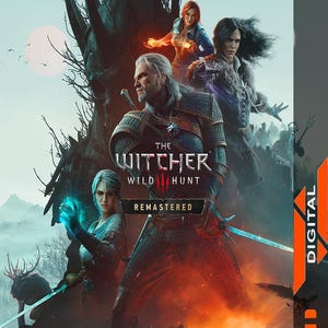 以下が含まれることがあります： PCデジタルゲームソフト「ウィッチャー3 ワイルドハント リマスタード」のパッケージ画像。中央に剣を持つ白髪の戦士が描かれ、周囲には3人のキャラクター、巨大な暗い怪物のシルエット、燃えるようなオレンジ色の地面が配置されている。