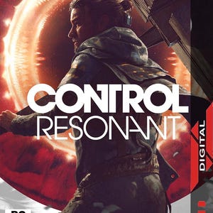 Puede incluir: Portada del juego Digital Deluxe Edition Control Resonant con una persona con moño vista desde atrás, vistiendo una chaqueta oscura con capucha, frente a un portal circular naranja brillante con el título en blanco.