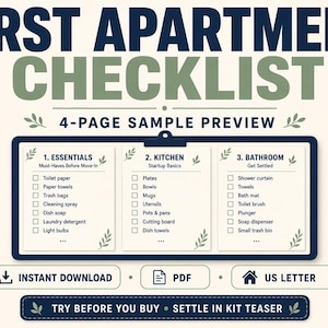May include: A First Apartment Checklist 4-page sample preview document featuring three columns labeled Essentials, Kitchen, and Bathroom with checkboxes. The design includes dark blue text on a light background with small leaf icons and buttons for Instant Download, PDF, and US Letter.
