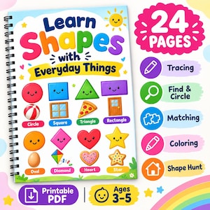 Op de afbeelding: Een spiraalgebonden educatief werkboek getiteld Learn Shapes with Everyday Things, met kleurrijke illustraties van vormen zoals cirkels, vierkanten en sterren. De kaft bevat tekst voor 24 pagina's, activiteiten zoals overtrekken, matchen en kleuren, voor 3-5 jaar.