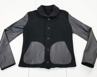 OZEN custom made black melton wool and leather shawl collar jacket