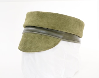 OZEN custom made leather Moto hat cap 2 tone Moss Green suede / Olive