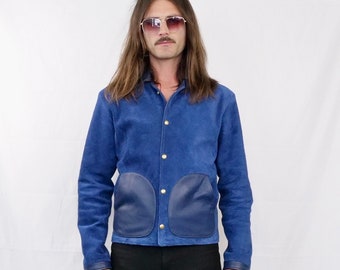 OZEN custom made blue suede all season leather jacket.