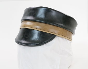 OZEN custom made leather Moto hat cap 2 tone Black / Camel