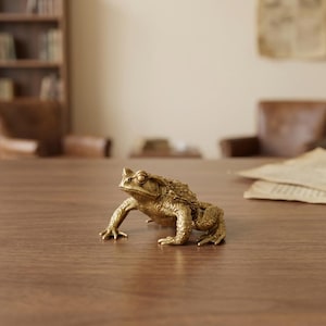 May include: A small, detailed brass figurine of a toad in a crouching position. The sculpture features a textured, bumpy surface across its back and legs, with defined eyes and webbed feet, capturing the realistic anatomy of the amphibian.