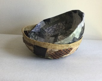 Fabric Mache Bowls, Decorative Patchwork Gift, Brown and Tan, Gray Paper Mache, Set Of Two