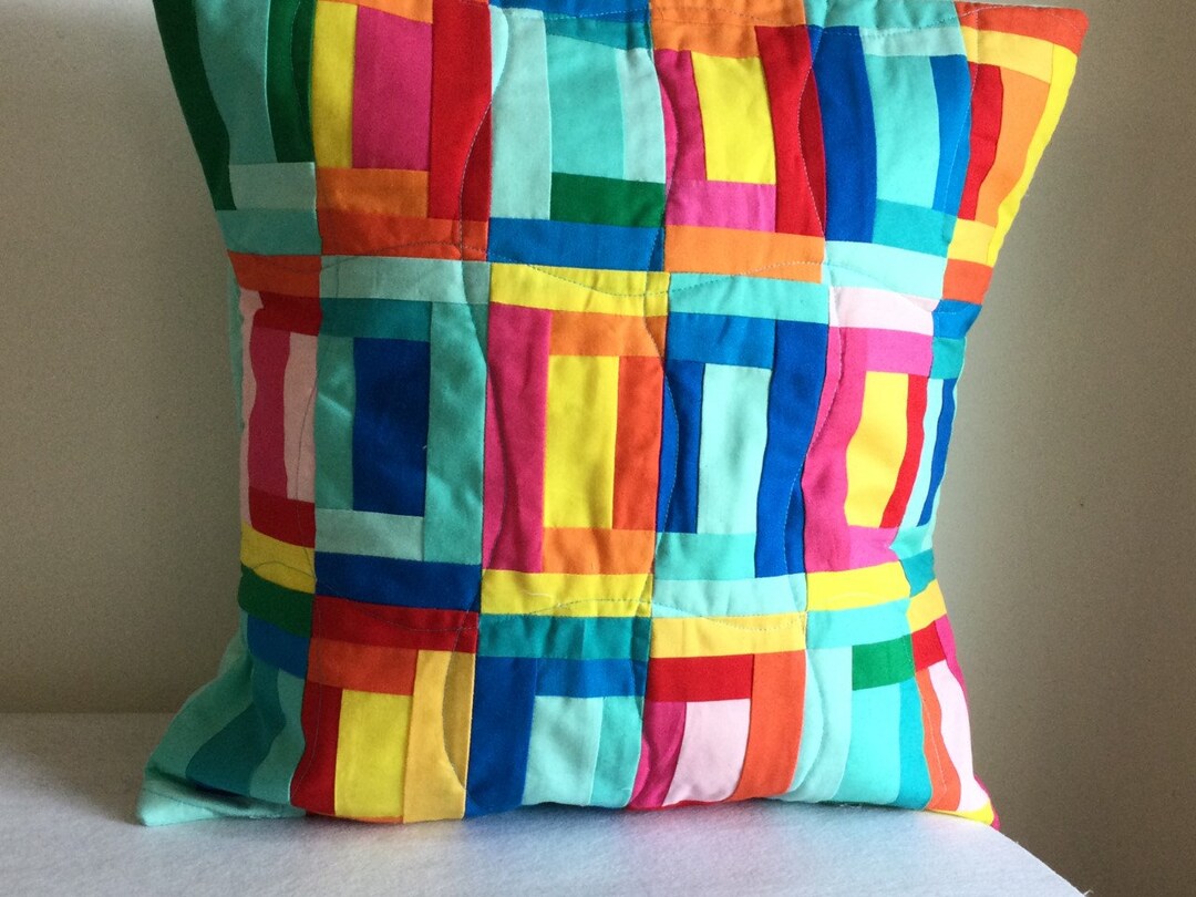 Quilted Pillow Cover in Warm and Cool Colors, Half Courthouse Steps