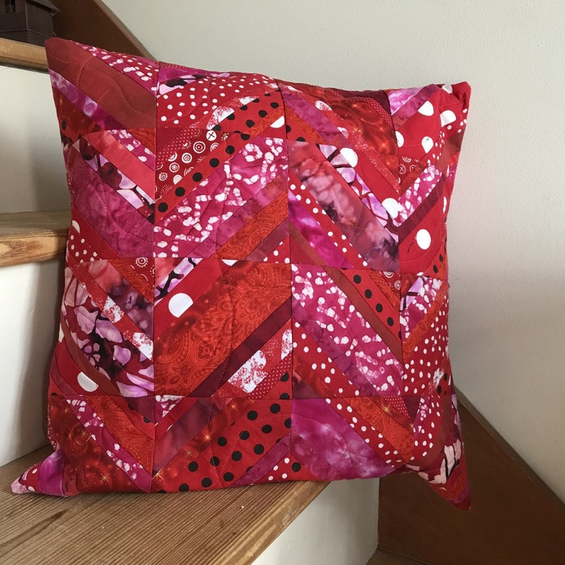 Red Quilted Pillow Cover in Chevron Pattern, Scrappy Fabrics