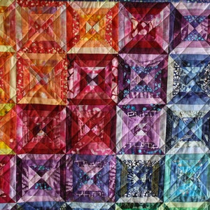 Rainbow Art Quilt, Scrappy Strips, Batik Fabric, Textile Wallhanging, Contemporary Art,  Hand Dyed Quilt