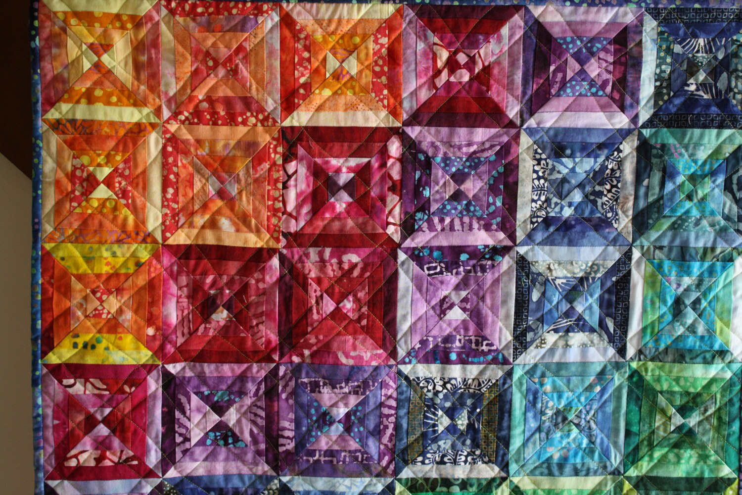 Rainbow Art Quilt, Scrappy Strips, Batik Fabric, Textile Wallhanging, Contemporary Art,  Hand Dyed Quilt