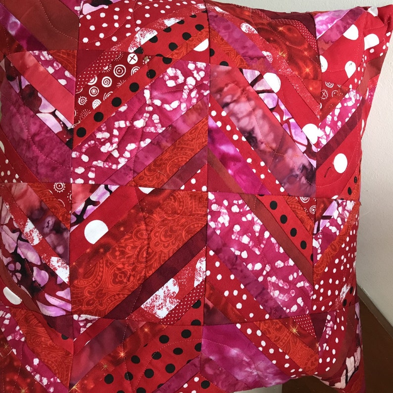 Red Quilted Pillow Cover in Chevron Pattern, Scrappy Fabrics