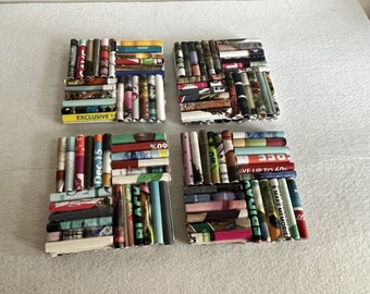 Recycled set of four multicolored magazine coasters in four patch style, upcycled repurposed rolled paper art