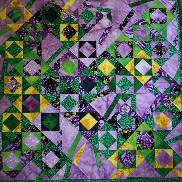 Chaos Art Quilt, Textile Wall Hanging,  Green , Yellow , Purple Fabrics, Table Topper, Bright Batiks, Contemporary Design