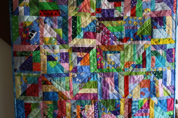 Scrappy Art Quilt, Multicolored Fabric, Contemporary Design, Colorful Fiber Art, Abstract Textile, Chevron Design, Table Topper