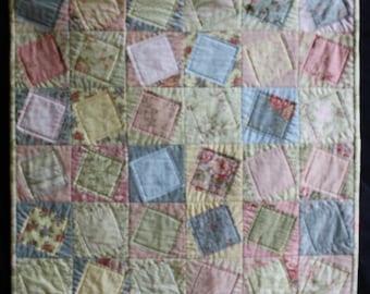 Cottage Chic Art Quilt, Pastel Colors, Peach, Yellow, Blue, Doll Bedding, Children's Decor, Table Topper, Textile Art, Wallhanging