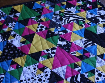 Triangle Modern Art Quilt, Black and White Fabrics, Colorful Fiber Art, Abstract Textile, Contemporary Design, Pieced Wall Hanging