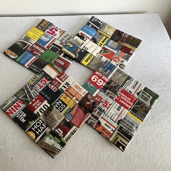 Recycled set of four woven coasters, multicolored upcycled magazine art