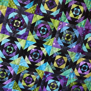 Pineapple Art Quilt With Hand Dyed And Batik Fabrics, Green, Purple, Black And Turquoise Decor, Scrappy Design