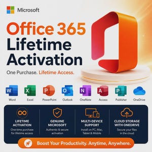 Puede incluir: Un gráfico digital para Microsoft Office 365 Lifetime Activation. Incluye el logotipo de Office, iconos de aplicaciones para Word, Excel, PowerPoint, Outlook, OneNote, Access, Publisher y OneDrive, con texto que detalla el acceso de por vida.