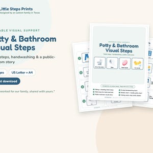 May include: A set of printable visual support sheets titled Potty & Bathroom Visual Steps. The pages feature illustrations and text for toilet steps, handwashing, and public restroom stories, including icons for sitting, wiping, and drying hands.