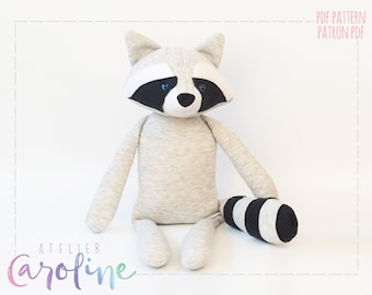 Downloadable Stuffed toy raccoon plush, regular ans baby size,  sewing pattern