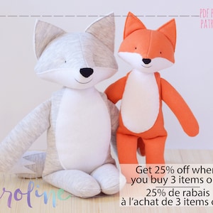 Downloadable Sewing pattern, stuffed toy fox and wolf plush, DIY Animal Stuffed Rag Doll