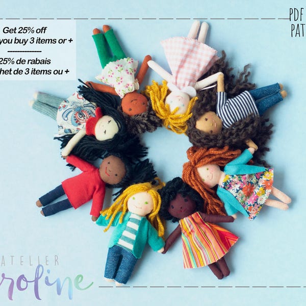 Mini Rag Doll PDF Sewing Pattern, english and french, included are pattern pieces for Clothes and instructions for different hair styles