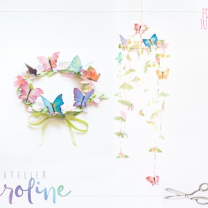 Downloadable Butterflies and flower Paper watercolour, crown, bunting garland printable DIY PDF Instant Download image 1